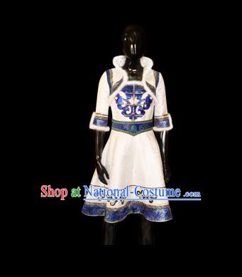 Traditional Chinese Mongol Nationality Dance Costume, Female Folk Dance Satin Mongolian Robe, Chinese Mongolian Minority Nationality Embroidery Costume for Women