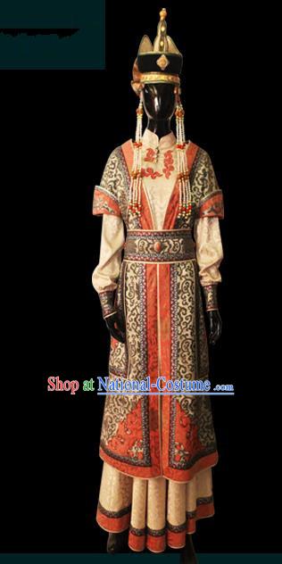 Traditional Chinese Mongol Nationality Dance Costume, Female Folk Dance Khaki Satin Mongolian Robe, Chinese Mongolian Minority Nationality Embroidery Costume for Women