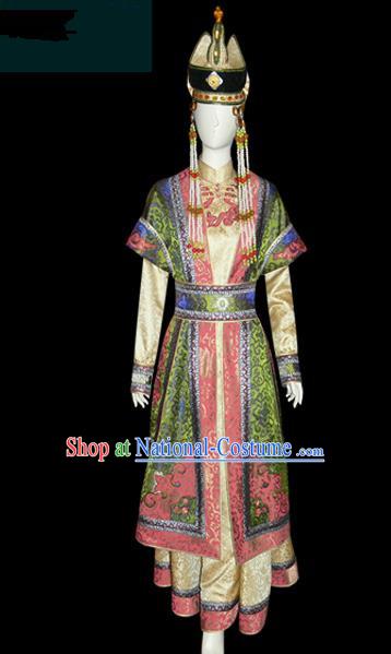 Traditional Chinese Mongol Nationality Dance Costume, Female Folk Dance Green Satin Mongolian Robe, Chinese Mongolian Minority Nationality Embroidery Costume for Women