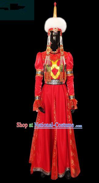 Traditional Chinese Mongol Nationality Dance Costume Female Pleated Skirt, Chinese Mongolian Minority Nationality Princess Embroidery Costume for Women