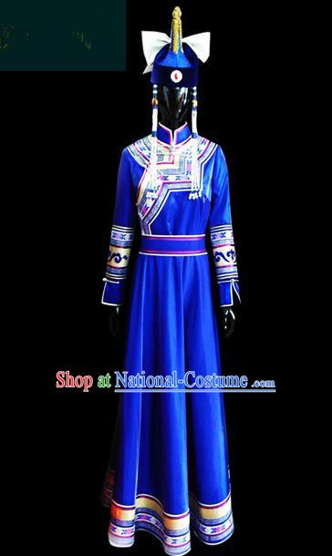 Traditional Chinese Mongol Nationality Dance Costume Female Blue Pleated Skirt, Chinese Mongolian Minority Nationality Princess Embroidery Costume for Women