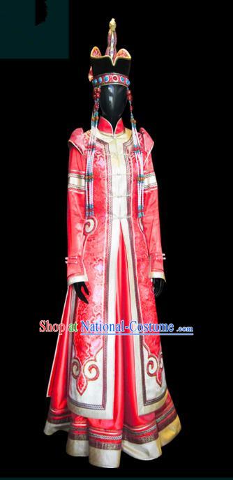 Traditional Chinese Mongol Nationality Dance Costume Female Red Mongolian Robe and Hat, Chinese Mongolian Minority Nationality Embroidery Clothing for Women