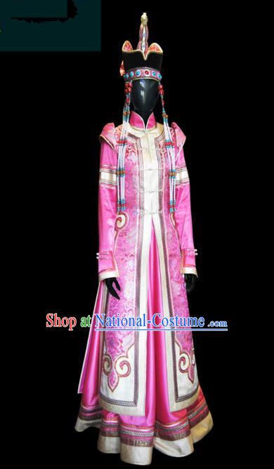 Traditional Chinese Mongol Nationality Dance Costume Female Pink Mongolian Robe and Hat, Chinese Mongolian Minority Nationality Embroidery Clothing for Women