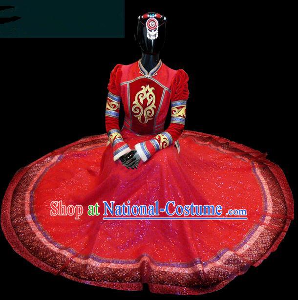 Traditional Chinese Mongol Nationality Dance Costume Queen Red Mongolian Robe, Chinese Mongolian Minority Nationality Princess Embroidery Wedding Clothing for Women