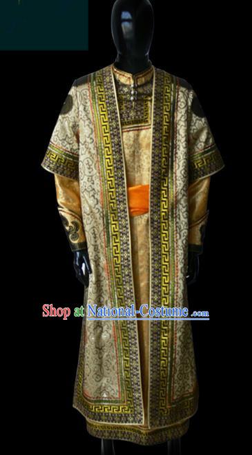 Traditional Chinese Mongol Nationality Dance Costume Golden Mongolian Robe, Chinese Mongolian Minority Nationality Khan King Embroidery Costume for Men