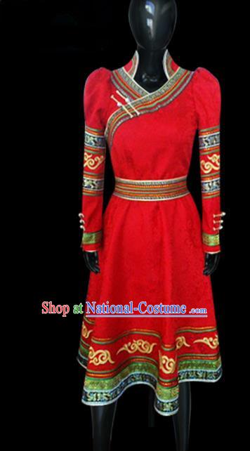 Traditional Chinese Mongol Nationality Dance Costume Red Mongolian Robe, Chinese Mongolian Minority Nationality Princess Embroidery Clothing for Women