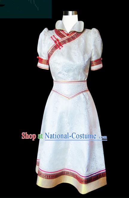 Traditional Chinese Mongol Nationality Dance Costume White Mongolian Robe, Chinese Mongolian Minority Nationality Princess Embroidery Clothing for Women