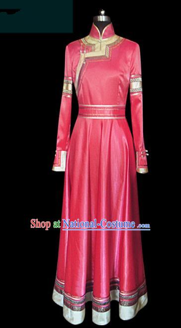 Traditional Chinese Mongol Nationality Dance Costume Princess Red Mongolian Robe, Chinese Mongolian Minority Nationality Embroidery Clothing for Women