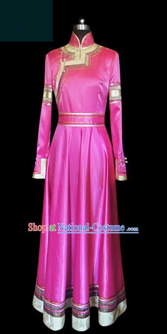 Traditional Chinese Mongol Nationality Dance Costume Princess Rosy Mongolian Robe, Chinese Mongolian Minority Nationality Embroidery Clothing for Women