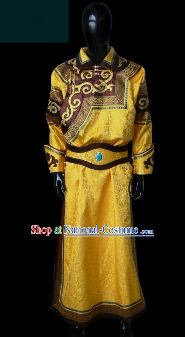 Traditional Chinese Mongol Nationality Dance Costume Golden Mongolian Robe, Chinese Mongolian Minority Nationality Royal Highness Clothing for Men