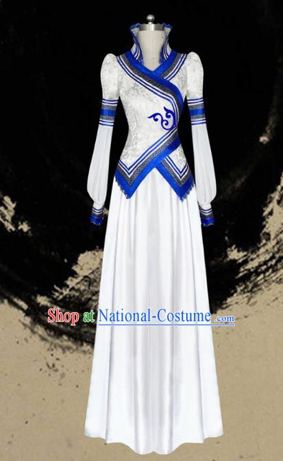 Traditional Chinese Mongol Nationality Dance Costume Female White Pleated Dress, Chinese Mongolian Minority Nationality Princess Embroidery Clothing for Women