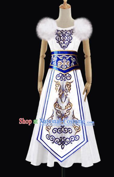 Traditional Chinese Mongol Nationality Dance Costume Female White Dress, Chinese Mongolian Minority Nationality Princess Mongolian Robe Embroidery Clothing for Women