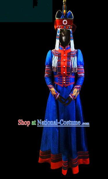 Traditional Chinese Mongol Nationality Dance Costume Female Royalblue Dress, Chinese Mongolian Minority Nationality Princess Mongolian Robe Embroidery Clothing for Women