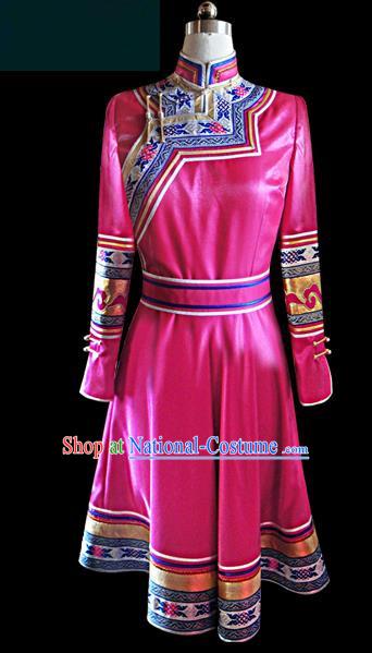 Traditional Chinese Mongol Nationality Dance Costume Female Dress, Chinese Mongolian Minority Nationality Princess Pink Mongolian Robe Embroidery Clothing for Women