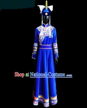 Traditional Chinese Mongol Nationality Dance Costume Female Dress, Chinese Mongolian Minority Nationality Princess Blue Mongolian Robe Embroidery Clothing for Women