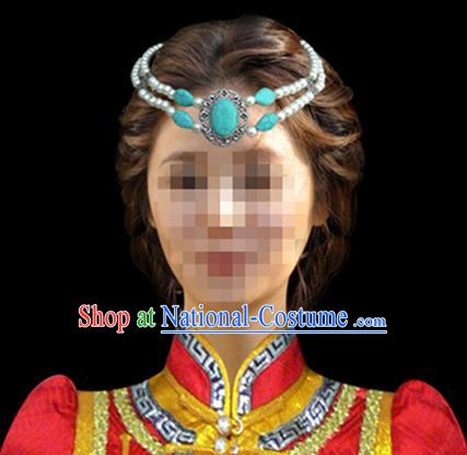 Traditional Chinese Mongol Nationality Hair Accessories Mongols Princess Blue Turquoise Headband, Chinese Mongolian Minority Nationality Headwear for Women