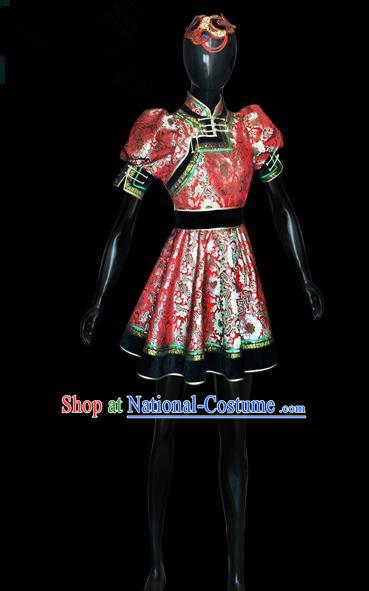 Traditional Chinese Mongol Nationality Dance Costume Red Full Dress, Chinese Mongolian Minority Nationality Princess Mongolian Robe Embroidery Clothing for Women