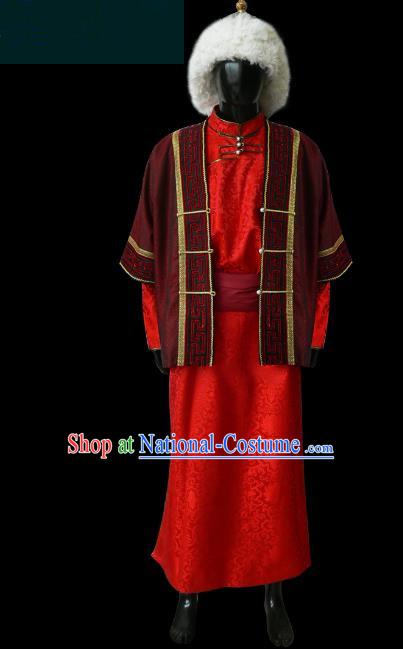 Traditional Chinese Mongol Nationality Dance Costume Bridegroom Mongolian Robe, Chinese Mongolian Minority Nationality Royal Highness Embroidery Costume for Men