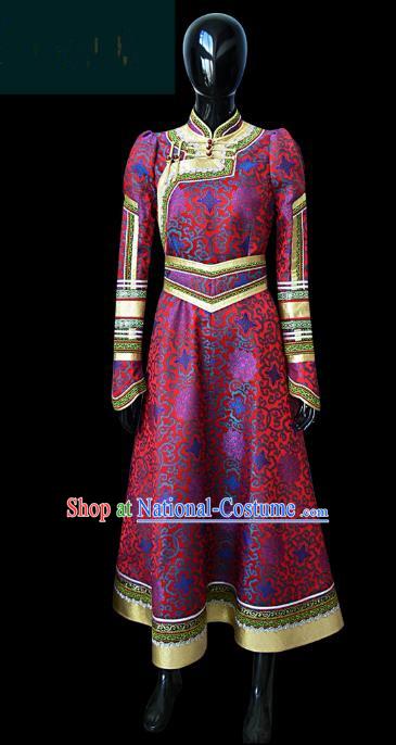 Traditional Chinese Mongol Nationality Dance Costume Female Purple Mongolian Robe, Chinese Mongolian Minority Nationality Princess Embroidery Costume for Women