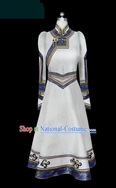 Traditional Chinese Mongol Nationality Dance Costume Female White Mongolian Robe, Chinese Mongolian Minority Nationality Princess Embroidery Costume for Women