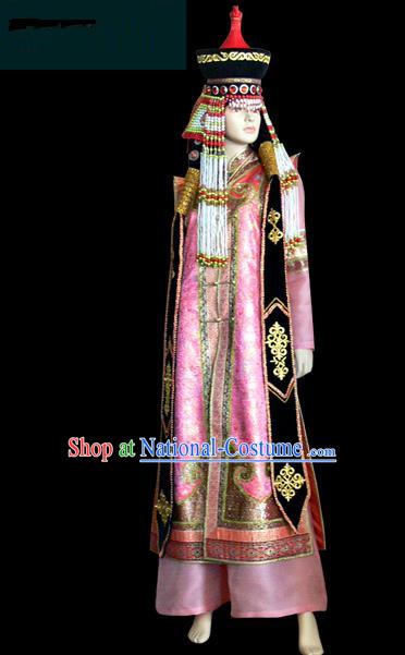 Traditional Chinese Mongol Nationality Dance Costume Female Pink Mongolian Robe, Chinese Mongolian Minority Nationality Princess Embroidery Costume for Women