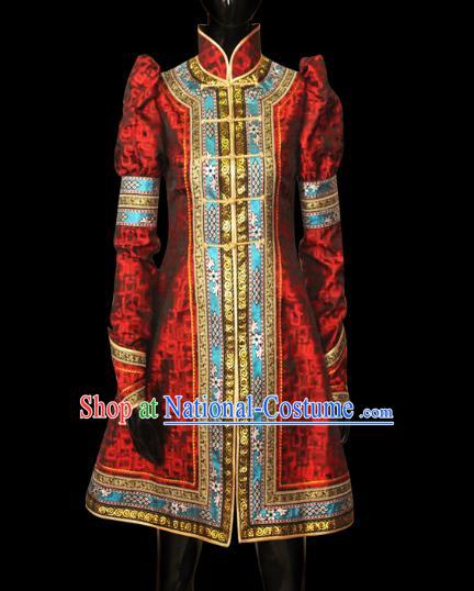 Traditional Chinese Mongol Nationality Dance Costume Female Red Mongolian Robe, Chinese Mongolian Minority Nationality Princess Embroidery Costume for Women