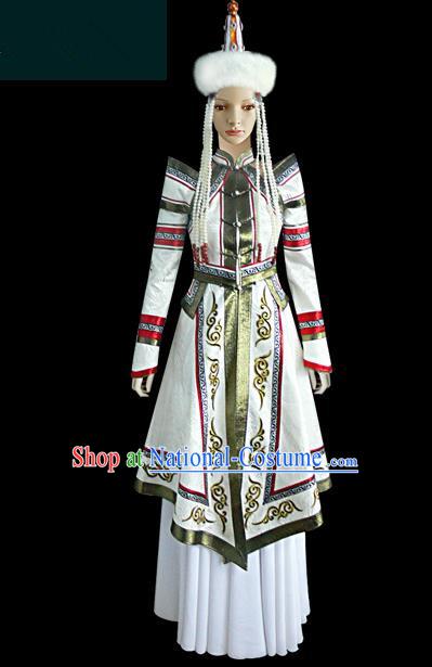 Traditional Chinese Mongol Nationality Dance Costume Female White Mongolian Robe, Chinese Mongolian Minority Nationality Princess Embroidery Costume for Women