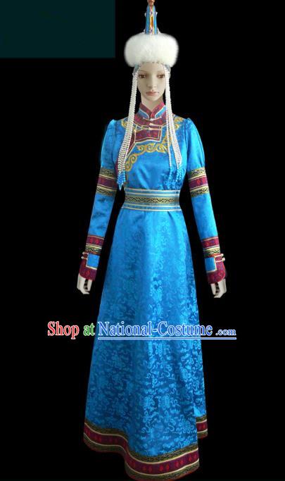 Traditional Chinese Mongol Nationality Dance Costume Female Blue Mongolian Robe, Chinese Mongolian Minority Nationality Princess Embroidery Costume for Women