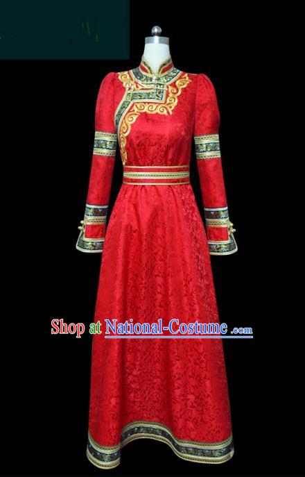 Traditional Chinese Mongol Nationality Dance Costume Female Red Mongolian Robe, Chinese Mongolian Minority Nationality Princess Embroidery Costume for Women