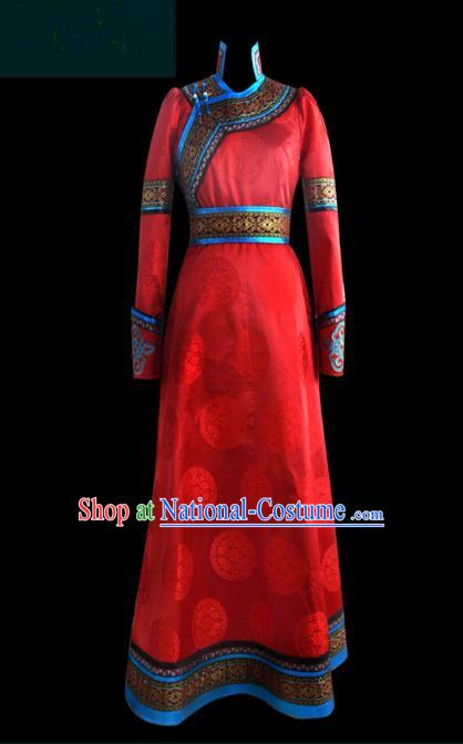 Traditional Chinese Mongol Nationality Dance Costume Palace Lady Red Mongolian Robe, Chinese Mongolian Minority Nationality Princess Embroidery Costume for Women