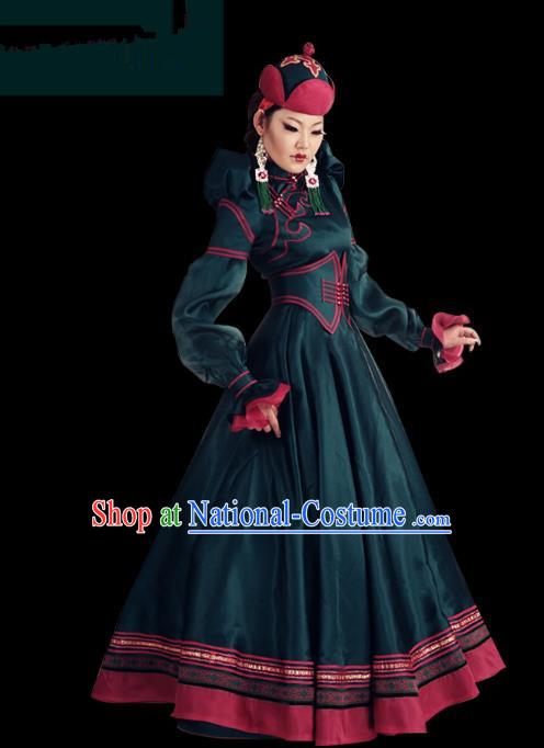 Traditional Chinese Mongol Nationality Dance Costume Palace Lady Green Mongolian Robe, Chinese Mongolian Minority Nationality Princess Embroidery Wedding Costume for Women