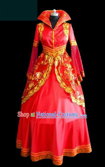 Traditional Chinese Mongol Nationality Dance Costume Palace Lady Red Wedding Mongolian Robe, Chinese Mongolian Minority Nationality Princess Embroidery Costume for Women