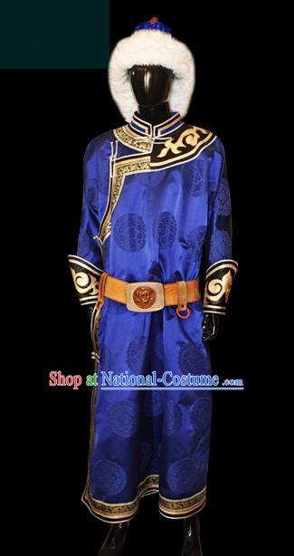 Traditional Chinese Mongol Nationality Dance Costume Blue Mongolian Robe, Chinese Mongolian Minority Nationality Royal Highness Embroidery Costume for Men