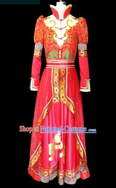 Traditional Chinese Mongol Nationality Dance Costume Female Red Pleated Skirt, Chinese Mongolian Minority Nationality Princess Embroidery Wedding Costume for Women