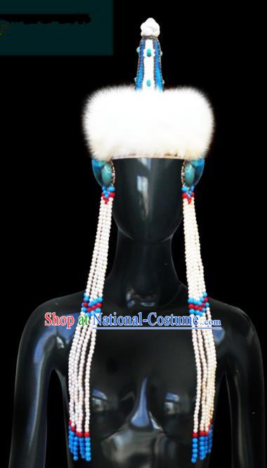 Traditional Chinese Mongol Nationality Hair Accessories Princess Beads Tassel Wool Blue Hat, Chinese Mongolian Minority Nationality Headwear for Women