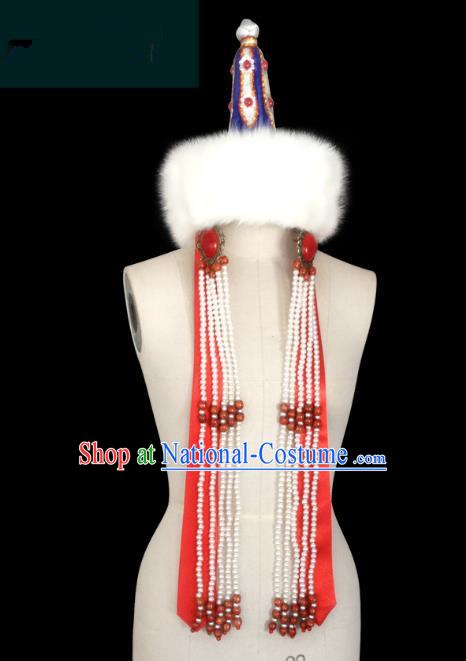 Traditional Chinese Mongol Nationality Hair Accessories Princess Beads Tassel Wool Red Hat, Chinese Mongolian Minority Nationality Headwear for Women