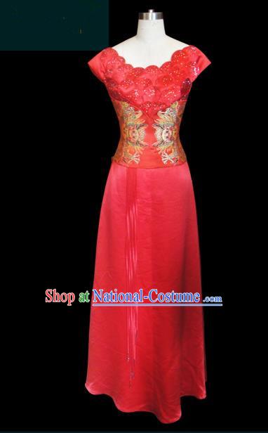 Traditional Chinese Modern Dancing Compere Performance Costume, Opening Classic Chorus Singing Group Dance Red Dress for Women