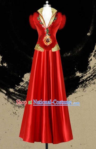 Traditional Chinese Modern Dancing Compere Performance Costume, Opening Classic Chorus Singing Group Dance Red Dress for Women