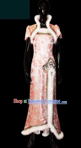 Traditional Chinese Modern Dancing Compere Performance Costume, Opening Classic Chorus Singing Group Dance Pink Cheongsam Dress for Women