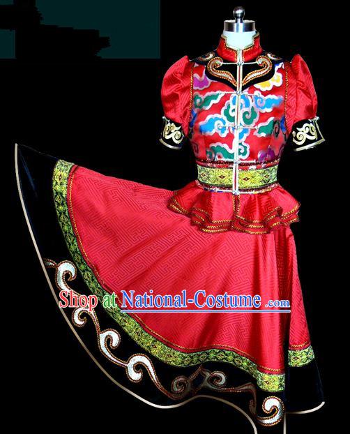 Traditional Chinese Mongol Nationality Dance Costume Female Red Pleated Skirt, Chinese Mongolian Minority Nationality Princess Embroidery Clothing for Women