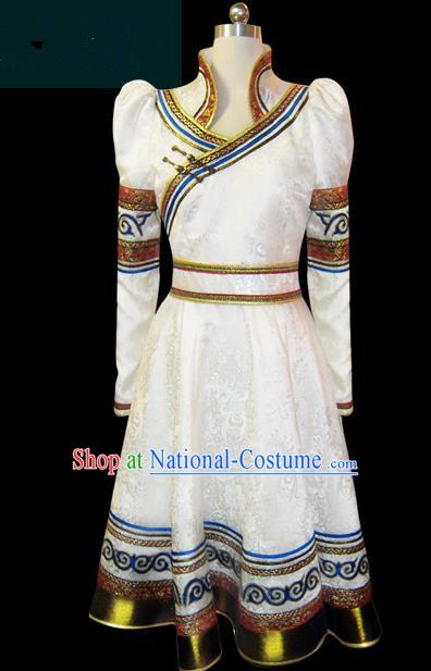 Traditional Chinese Mongol Nationality Dance Costume Female White Pleated Skirt, Chinese Mongolian Minority Nationality Princess Embroidery Clothing for Women