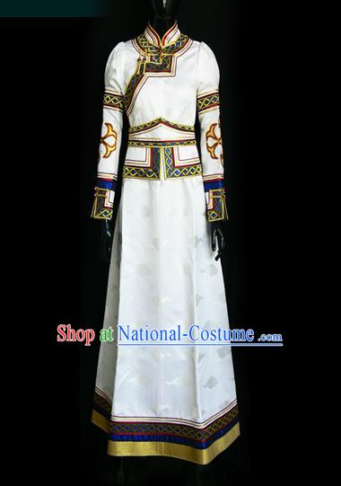 Traditional Chinese Mongol Nationality Costume Female White Mongolian Robe, Chinese Mongolian Minority Nationality Princess Embroidery Dress Clothing for Women