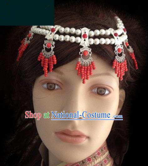 Traditional Chinese Mongol Nationality Bride Hair Accessories Beads Headband, Chinese Mongolian Minority Nationality Headwear for Women