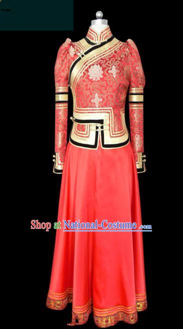 Traditional Chinese Mongol Nationality Dance Costume Red Wedding Mongolian Robe, Chinese Mongolian Minority Nationality Young Lady Embroidery Dress for Women