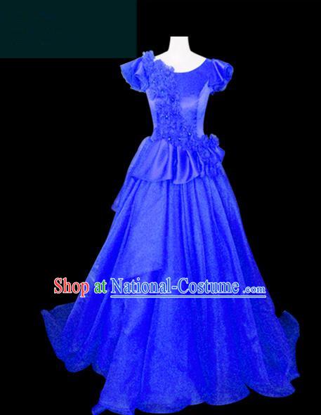 Traditional Chinese Modern Dancing Compere Performance Costume Chorus Singing Group Dance Wedding Blue Dress for Women