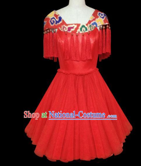 Traditional Chinese Modern Dancing Compere Performance Costume Chorus Singing Group Dance Wedding Red Short Dress for Women