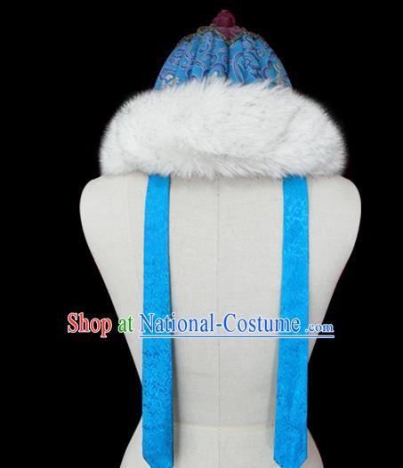 Traditional Chinese Mongol Nationality Royal Highness Blue Hat, Chinese Mongolian Minority Nationality Headwear for Men