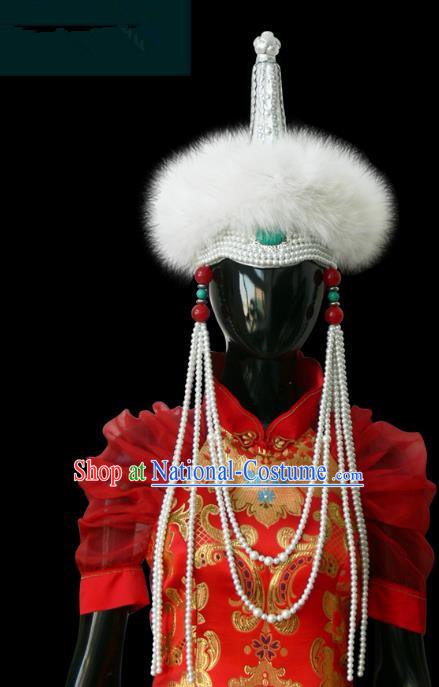 Traditional Chinese Mongol Nationality Princess White Wool Hat, Chinese Mongolian Minority Nationality Beads Tassel Headwear for Women