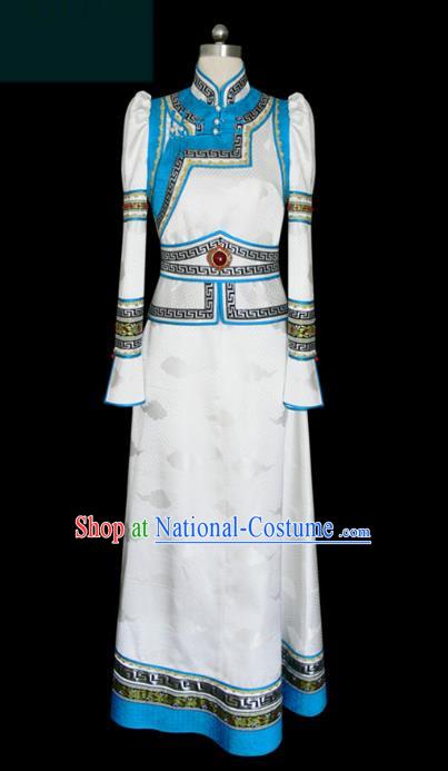 Traditional Chinese Mongol Nationality Dance Costume White Mongolian Robe, Chinese Mongolian Minority Nationality Clothing for Women