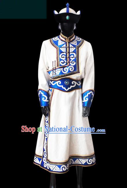 Traditional Chinese Mongol Nationality Costume Male White Mongolian Robe, Chinese Mongolian Minority Nationality Clothing for Men